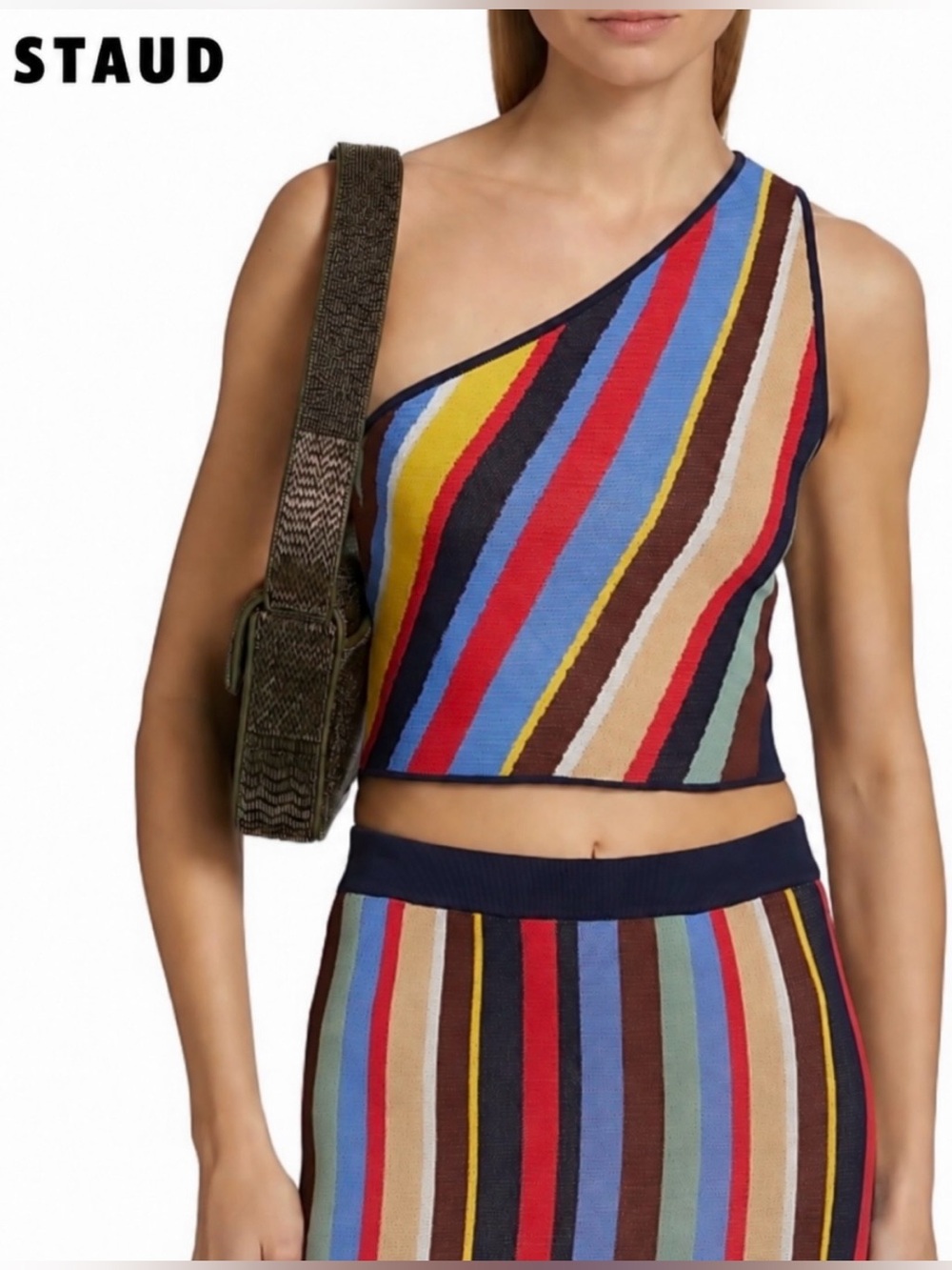 New🌺$125 STAUD Striped One Shoulder Crop Top Multicolor Knit Size L